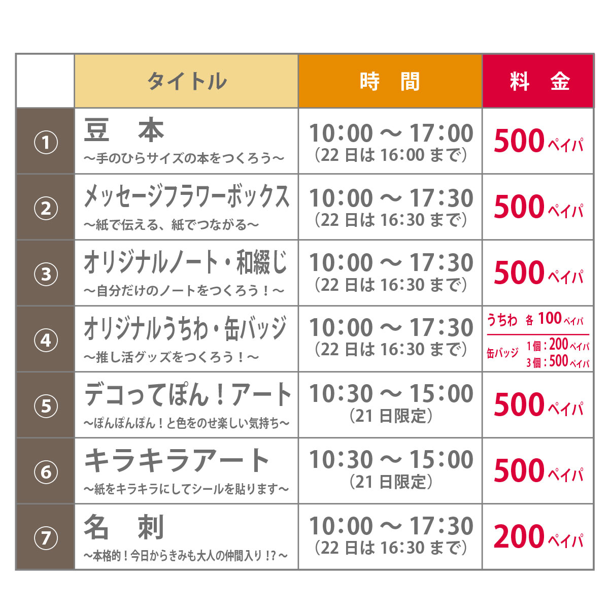 ワークショップメニュー